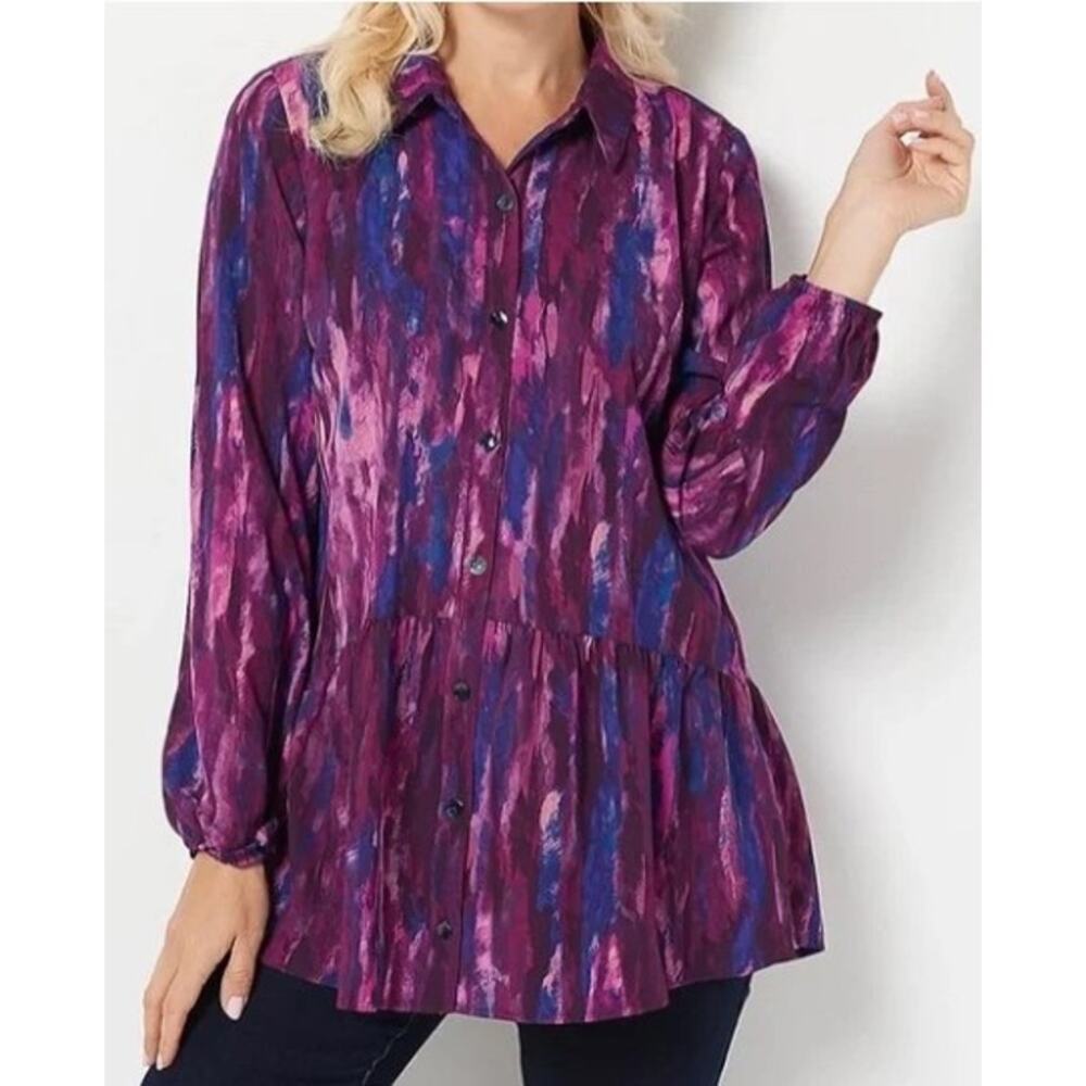 LOGO by Lori Goldstein Long Sleeve Button Up Peplum Top Watercolor Plum Medium